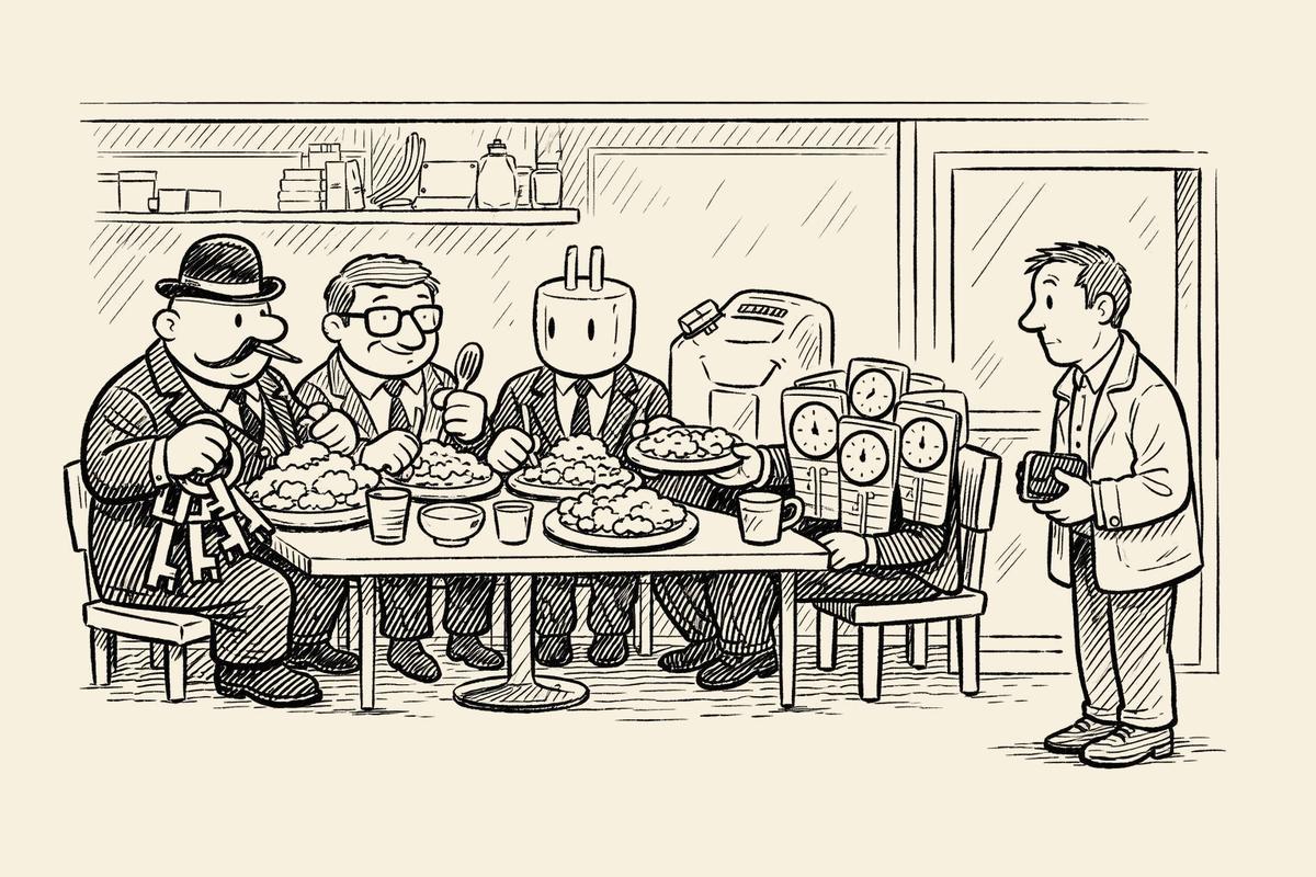 Single-panel cartoon: a tiny café interior. At the only table sit personified costs—keys-on-belt landlord, stamp-wielding official, plug-headed ‘energy,’ jerrycan in a suit, and clock-faced timesheets—eating large portions. The owner