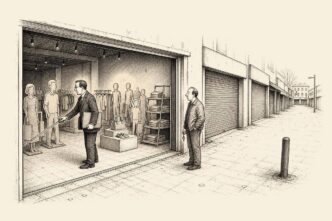 Inside an empty retail unit, a tax valuer builds a fake bustling shop with cardboard customers while the surrounding arcade remains deserted.