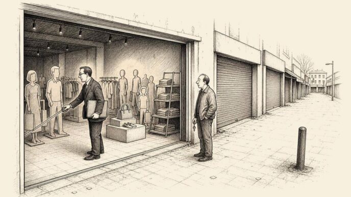Inside an empty retail unit, a tax valuer builds a fake bustling shop with cardboard customers while the surrounding arcade remains deserted.