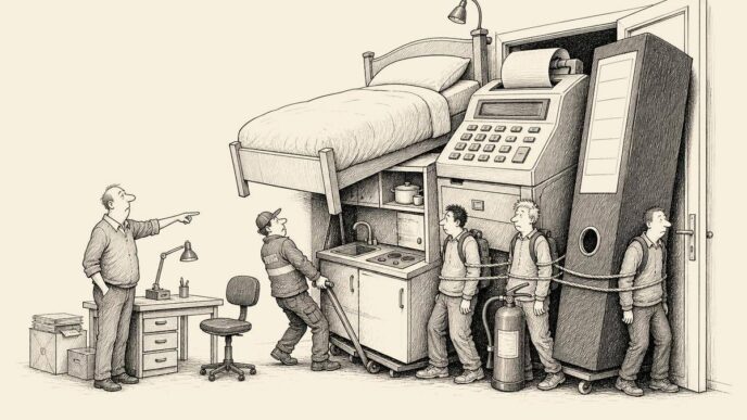 A small packing-business owner shows one empty chair, while three incoming workers are stuck in the doorway because beds, payroll equipment and compliance binders are attached to them.