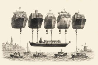 A tiny Amsterdam market boat is suspended slightly above the water by several massive corporate cargo ships, while neighbouring boats sit lower in the waves.