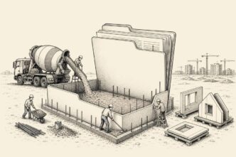On a sandy construction site, hard-hat workers pour concrete into a huge open filing folder. A crane lowers a giant hole punch like construction equipment. Nearby, neat house walls and roofs sit unused on pallets, while suited officials