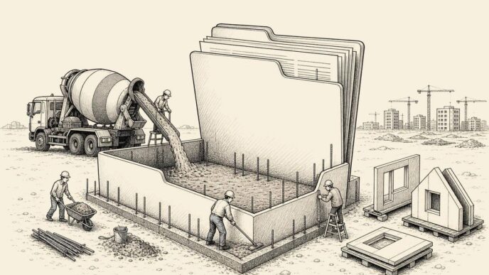 On a sandy construction site, hard-hat workers pour concrete into a huge open filing folder. A crane lowers a giant hole punch like construction equipment. Nearby, neat house walls and roofs sit unused on pallets, while suited officials