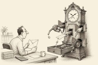A small business owner opens an official-looking envelope in a tidy office while a grandfather clock behind him ejects miniature cost pressures that steal coins from the till. No text appears inside the drawing.