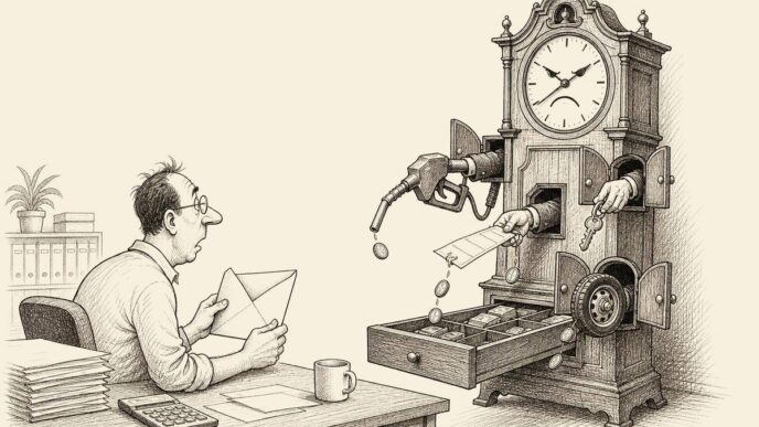 A small business owner opens an official-looking envelope in a tidy office while a grandfather clock behind him ejects miniature cost pressures that steal coins from the till. No text appears inside the drawing.