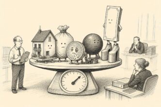 A tax inspector observes a giant scale holding a miniature house, cash, a crypto coin, a debt weight, and a silent bond certificate on platform shoes. The taxpayer looks at the scale needle in disbelief.