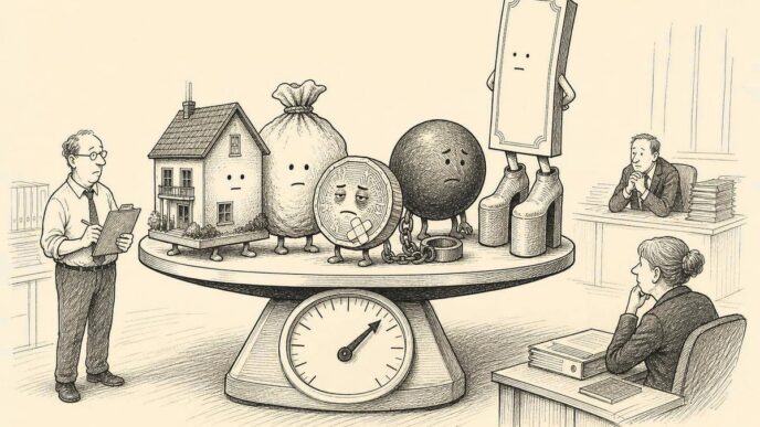 A tax inspector observes a giant scale holding a miniature house, cash, a crypto coin, a debt weight, and a silent bond certificate on platform shoes. The taxpayer looks at the scale needle in disbelief.