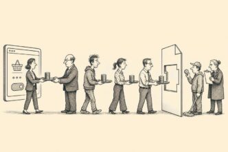 An office corridor is arranged like a checkout path. Staff from different roles pass a tray with coins along it, while a compliance officer checks that the final invoice frame matches the original stack exactly.