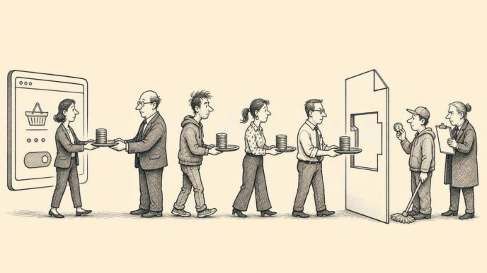 An office corridor is arranged like a checkout path. Staff from different roles pass a tray with coins along it, while a compliance officer checks that the final invoice frame matches the original stack exactly.