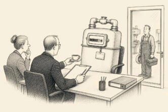 A Dutch metal workshop owner interviews a giant gas meter as if it were a job candidate, while a real machine operator waits outside with tools.