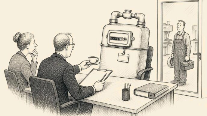 A Dutch metal workshop owner interviews a giant gas meter as if it were a job candidate, while a real machine operator waits outside with tools.