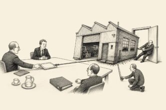 A Dutch notary meeting is interrupted as a tiny share certificate being passed across the table pulls a full-sized workshop building through the office door, with a banker and tax official watching matter-of-factly.