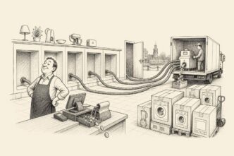 A small Dutch appliance shop with empty display spaces and a pleased owner at the till. Hoses from the empty spaces run to a delivery truck outside, vacuuming coins from the cash register as replacement appliances wait to come in.