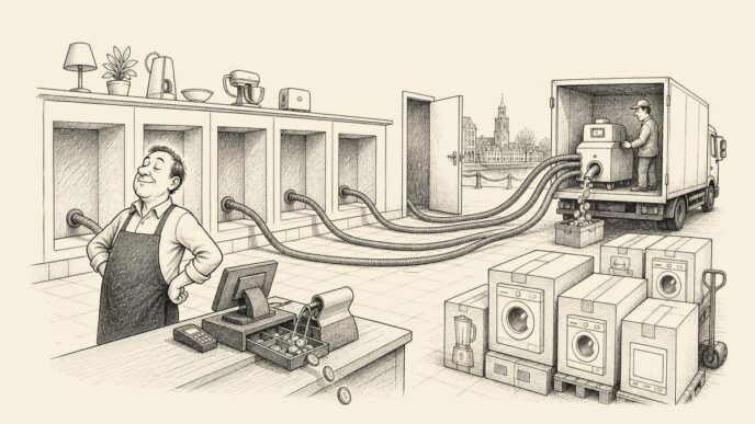 A small Dutch appliance shop with empty display spaces and a pleased owner at the till. Hoses from the empty spaces run to a delivery truck outside, vacuuming coins from the cash register as replacement appliances wait to come in.
