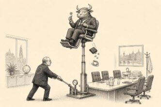 A central banker in a business suit raises a barber chair with a bull seated in it; the bull looks uneasy as coins and a coffee cup fall, while executives wait nearby.