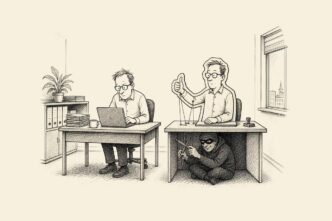 A lone business owner seeks approval from a cardboard duplicate of himself, which is secretly controlled by a fraudster hiding under the desk.