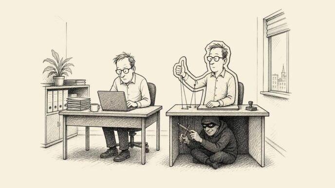A lone business owner seeks approval from a cardboard duplicate of himself, which is secretly controlled by a fraudster hiding under the desk.