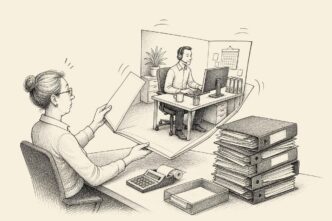 In a small office, a bookkeeper opens a thin invoice and a complete staffed workstation pops out of it, while payroll folders spill across the desk.