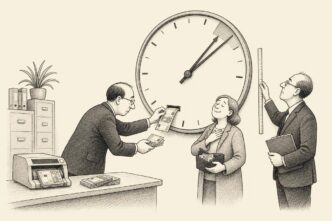 A bank employee pushes euro notes into a huge overdue wall clock while a reimbursed customer watches and a regulator measures the clock, illustrating that a late response remains a breach even after compensation.