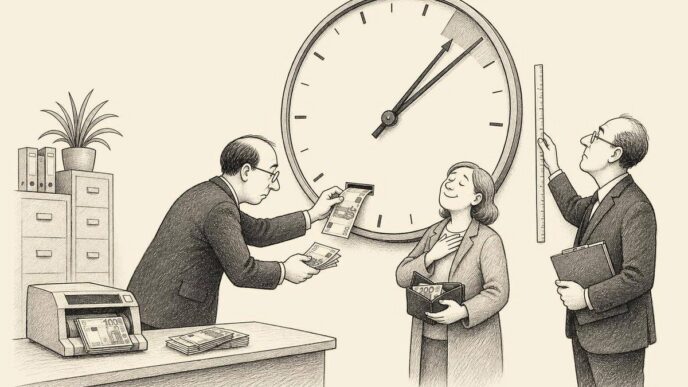 A bank employee pushes euro notes into a huge overdue wall clock while a reimbursed customer watches and a regulator measures the clock, illustrating that a late response remains a breach even after compensation.