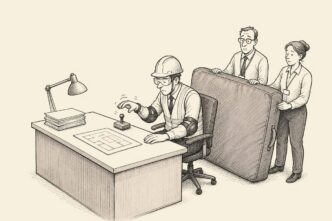In a neat government office, a civil servant in full protective gear prepares to stamp a simple file while HR colleagues stand ready with a crash mat, making a small administrative decision look physically dangerous.