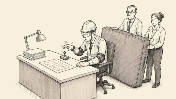 In a neat government office, a civil servant in full protective gear prepares to stamp a simple file while HR colleagues stand ready with a crash mat, making a small administrative decision look physically dangerous.
