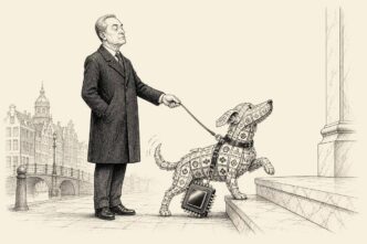 A small ticker-tape dog representing the AEX strains gently upward while a central banker holds it on a short leash and a microchip-shaped anchor hangs from its harness.