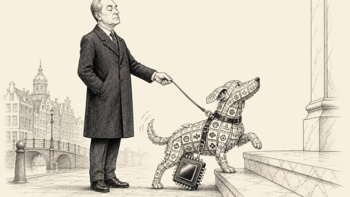 A small ticker-tape dog representing the AEX strains gently upward while a central banker holds it on a short leash and a microchip-shaped anchor hangs from its harness.