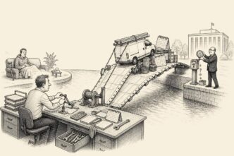 A small business owner sits at a desk that has turned into a drawbridge over a canal. Payslips form the bridge planks. A worker waits on one side, a company van and roster materials crowd the other, and a remote official building sits