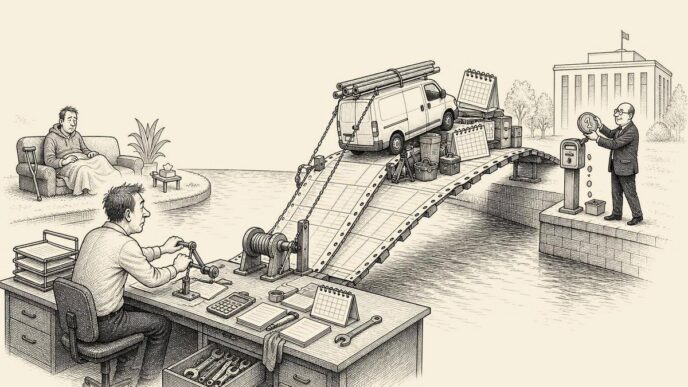 A small business owner sits at a desk that has turned into a drawbridge over a canal. Payslips form the bridge planks. A worker waits on one side, a company van and roster materials crowd the other, and a remote official building sits
