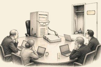 A corporate boardroom scene where a dusty old server tower in reading glasses leads a contract discussion while directors with laptops listen nervously.