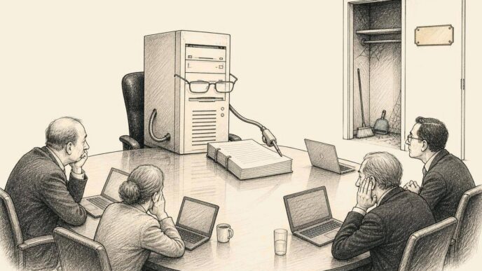 A corporate boardroom scene where a dusty old server tower in reading glasses leads a contract discussion while directors with laptops listen nervously.