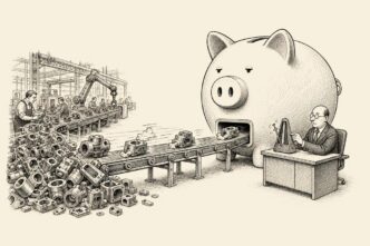 A small Dutch workshop runs at full speed, but its finished parts are blocked at the exit by a giant piggy bank with a tiny coin slot, where a bank clerk meters the flow one item at a time.