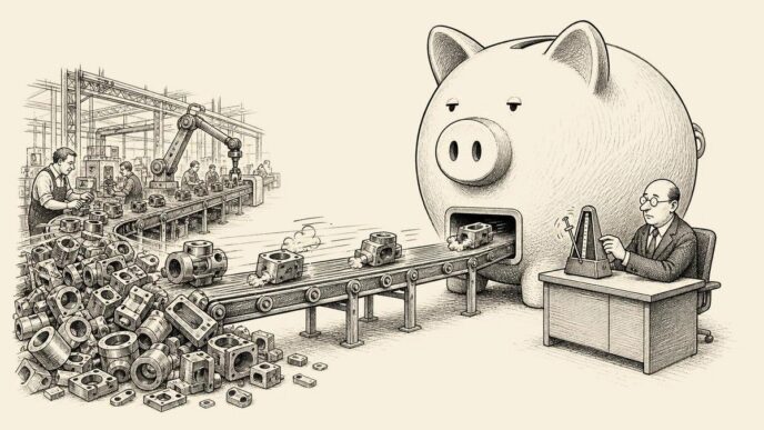 A small Dutch workshop runs at full speed, but its finished parts are blocked at the exit by a giant piggy bank with a tiny coin slot, where a bank clerk meters the flow one item at a time.