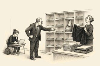Single-panel cartoon in a small classroom-like tax office. A freelance designer with a laptop sits punished in the corner, while her paid money sits in the wrong pigeonhole with a dunce cap. A privacy officer covers an identity tag,