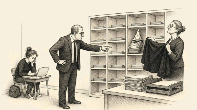 Single-panel cartoon in a small classroom-like tax office. A freelance designer with a laptop sits punished in the corner, while her paid money sits in the wrong pigeonhole with a dunce cap. A privacy officer covers an identity tag,