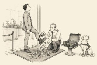 A tax official checks a founder’s shoes at an office entrance, where miniature workplace objects fall out as proof of real business activity.