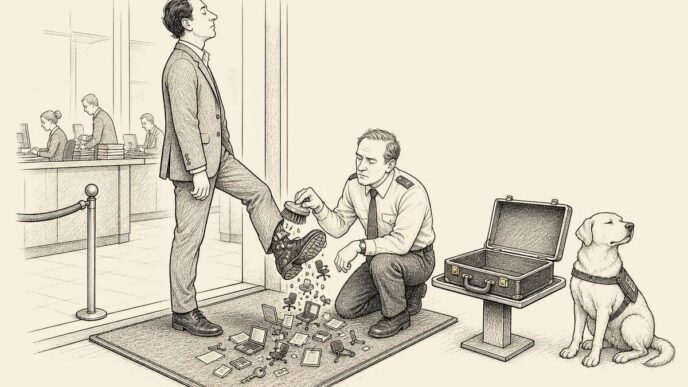 A tax official checks a founder’s shoes at an office entrance, where miniature workplace objects fall out as proof of real business activity.