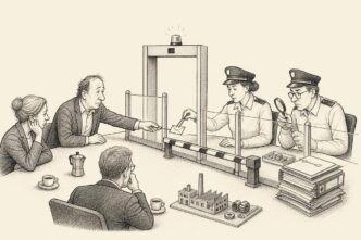 A small company boardroom has been converted into a miniature customs checkpoint. A founder offers a small envelope across a barrier to a foreign shareholder while officials inspect it with exaggerated seriousness.