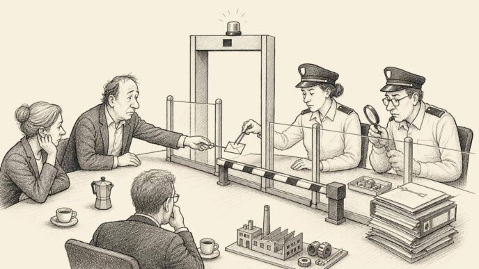 A small company boardroom has been converted into a miniature customs checkpoint. A founder offers a small envelope across a barrier to a foreign shareholder while officials inspect it with exaggerated seriousness.