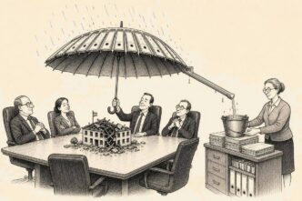 Executives shelter a tiny collapsed foreign office with a large umbrella on a boardroom table while runoff leaks onto payslips, and a payroll clerk catches it in a bucket.