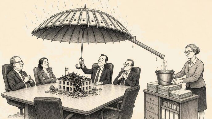 Executives shelter a tiny collapsed foreign office with a large umbrella on a boardroom table while runoff leaks onto payslips, and a payroll clerk catches it in a bucket.
