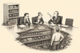 A corporate sale meeting has turned into an archaeological dig inside a boardroom, with suited advisers excavating dusty tax documents from the floor while the founder watches uneasily.