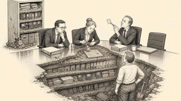 A corporate sale meeting has turned into an archaeological dig inside a boardroom, with suited advisers excavating dusty tax documents from the floor while the founder watches uneasily.