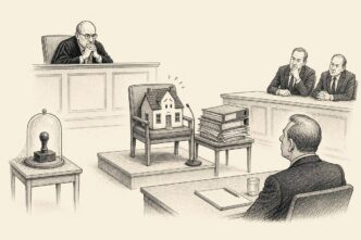 Single-panel cartoon: a sober office arranged like a courtroom. A model canal house sits on a witness chair, surrounded by thick valuation files. A tax official, accountant and founder face it seriously. A notary stamp rests unused on a