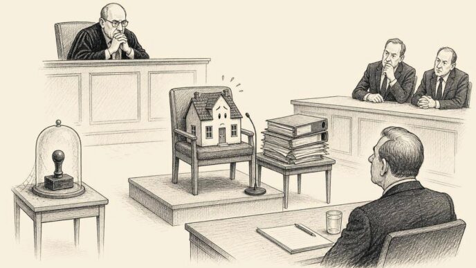 Single-panel cartoon: a sober office arranged like a courtroom. A model canal house sits on a witness chair, surrounded by thick valuation files. A tax official, accountant and founder face it seriously. A notary stamp rests unused on a