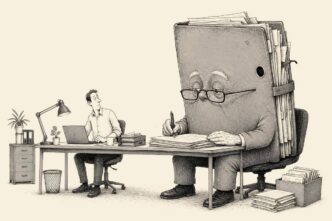 A tidy Dutch office shows a business founder sharing his desk with a giant elderly archive folder on a walking frame, calmly working through new paperwork while the founder watches, resigned.