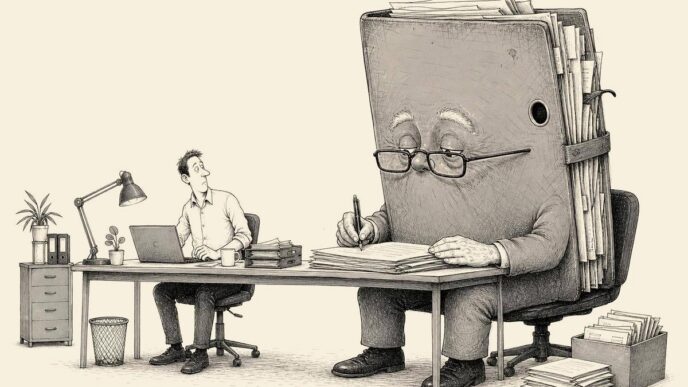 A tidy Dutch office shows a business founder sharing his desk with a giant elderly archive folder on a walking frame, calmly working through new paperwork while the founder watches, resigned.