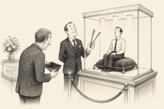 Inside a high-end temp agency, an office worker is displayed in a glass jewellery case on a velvet cushion. A founder with a thin wallet looks worried as a consultant presents the worker with white gloves.