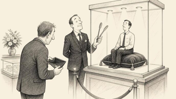 Inside a high-end temp agency, an office worker is displayed in a glass jewellery case on a velvet cushion. A founder with a thin wallet looks worried as a consultant presents the worker with white gloves.